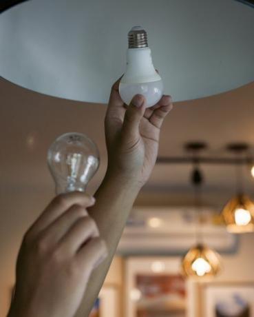 le mani maschili confrontano una lampadina a incandescenza e una lampada a led