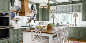cucina con armadi, travi e rifiniture dipinte di verde rilassante abbinate a pareti, soffitto e isola rivestiti di pannelli bianchi