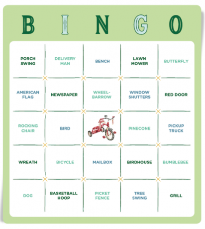un gioco di bingo con varie cose da individuare nel quartiere, da una porta rossa a un'altalena su un albero