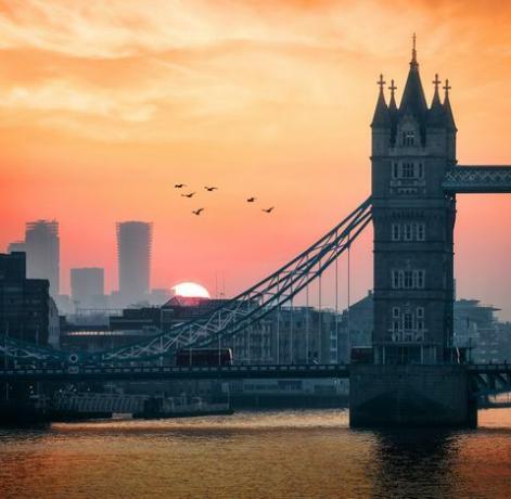 primo piano del Tower Bridge e del paesaggio urbano di Londra, Regno Unito, durante l'alba
