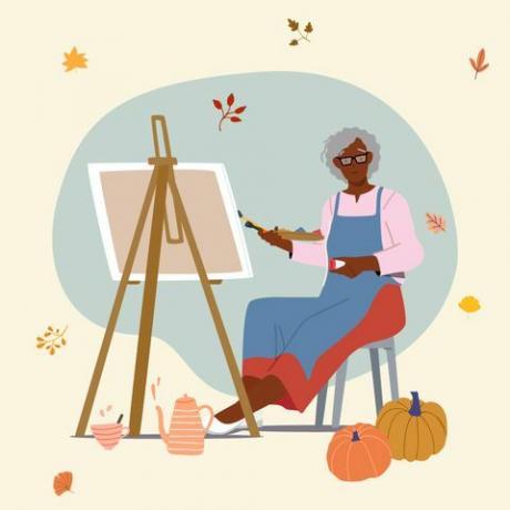 donna anziana illustrata che dipinge in autunno