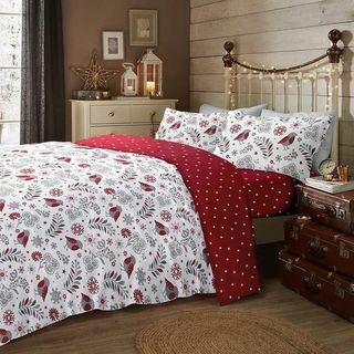 Set biancheria da letto Scandi Christmas Robin in cotone spazzolato rosso