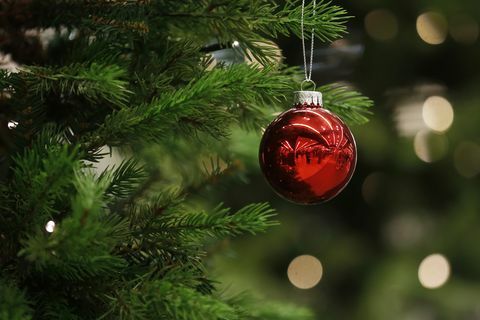 Una pallina di Natale pende da un albero