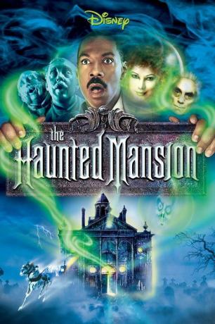 un poster per il film la casa dei fantasmi che mostra un uomo spaventato con quattro fantasmi attorno a lui e una casa spettrale sotto